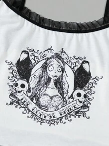 Corpse Bride | ROMWE 大碼人像圖案蕾絲拼接前蝴蝶結睡衣套裝