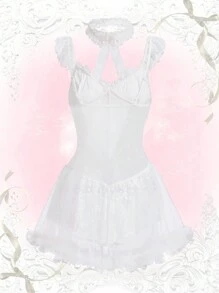 ROMWE Kawaii 蕾絲拼接荷葉邊性感睡裙&領圓環 - 白色 - 查看 2