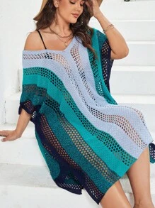SHEIN Swim Curve Plus Colorblock Hollow Out Dolman Sleeve Cover Up Dress Without Bikini Set - Multicolor - View 1