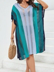 SHEIN Swim Curve Plus Colorblock Hollow Out Dolman Sleeve Cover Up Dress Without Bikini Set - Multicolor - View 5