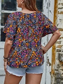 SHEIN LUNE Plus Ditsy Floral Print Tie Neck Butterfly Sleeve Blouse - Multicolor - View 2