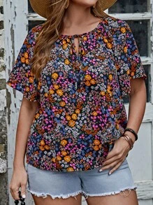 SHEIN LUNE Plus Ditsy Floral Print Tie Neck Butterfly Sleeve Blouse - Multicolor - View 1
