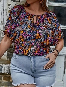 SHEIN LUNE Plus Ditsy Floral Print Tie Neck Butterfly Sleeve Blouse - Multicolor - View 5