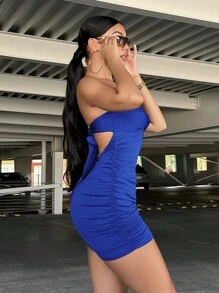 SHEIN SXY Vestido ajustado tubo girante delantero con abertura fruncido - Azul - Ver 3