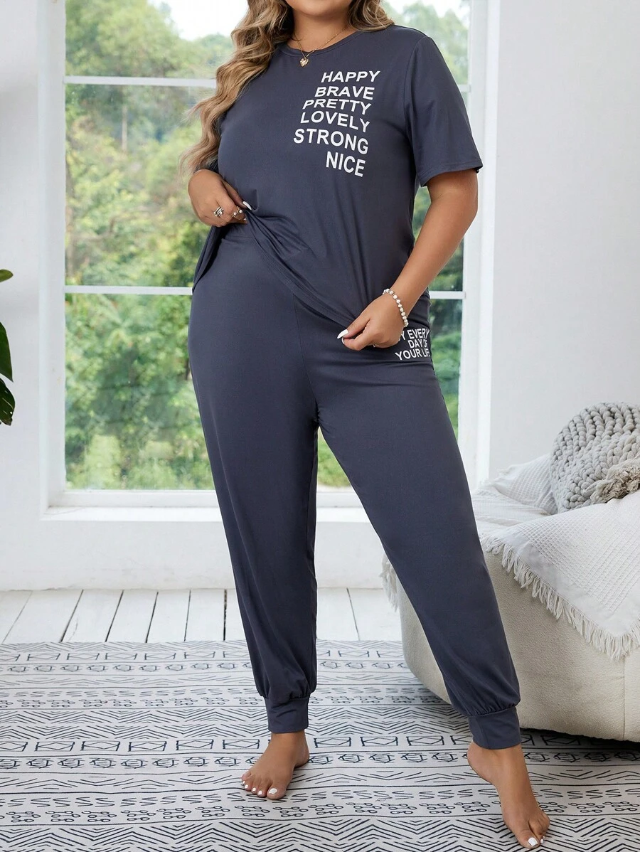 Plus Letter Graphic Tee & Trousers PJ Set - Dark Grey - View 1
