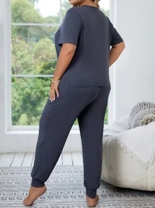 Plus Letter Graphic Tee & Trousers PJ Set - Dark Grey - View 2