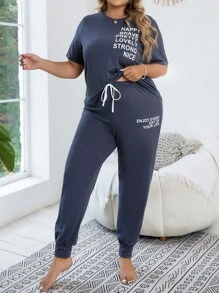 Plus Letter Graphic Tee & Trousers PJ Set - Dark Grey - View 3