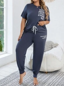 Plus Letter Graphic Tee & Trousers PJ Set - Dark Grey - View 4