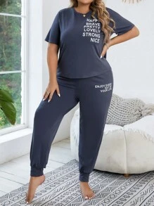 Plus Letter Graphic Tee & Trousers PJ Set - Dark Grey - View 6