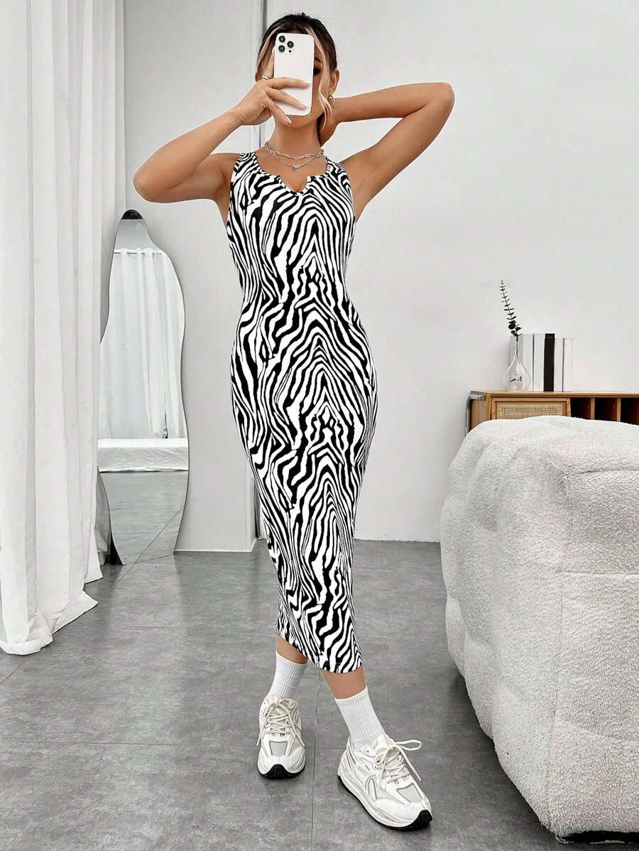 SHEIN EZwear 斑馬紋背心連衣裙 - 黑色 - 查看 1