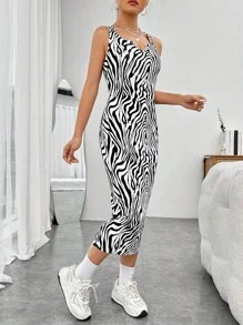SHEIN EZwear 斑馬紋背心連衣裙 - 黑色 - 查看 3