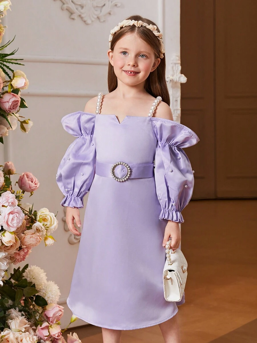 SHEIN 優雅珍珠吊帶和珠飾公主袖小女孩A字裙派對禮服