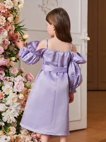 SHEIN 優雅珍珠吊帶和珠飾公主袖小女孩A字裙派對禮服