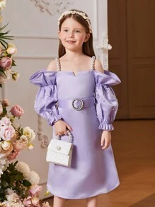 SHEIN 優雅珍珠吊帶和珠飾公主袖小女孩A字裙派對禮服