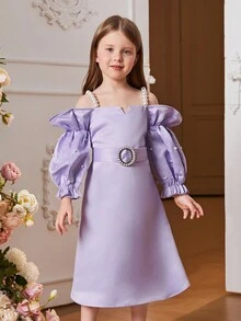 SHEIN 優雅珍珠吊帶和珠飾公主袖小女孩A字裙派對禮服