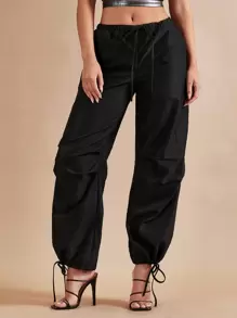 SHEIN BAE Drawstring Waist Slant Pocket Trousers - Black - View 1
