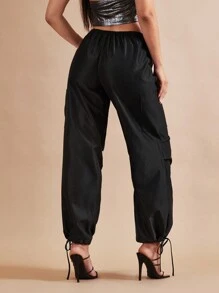 SHEIN BAE Drawstring Waist Slant Pocket Trousers - Black - View 2