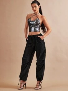 SHEIN BAE Drawstring Waist Slant Pocket Trousers - Black - View 3