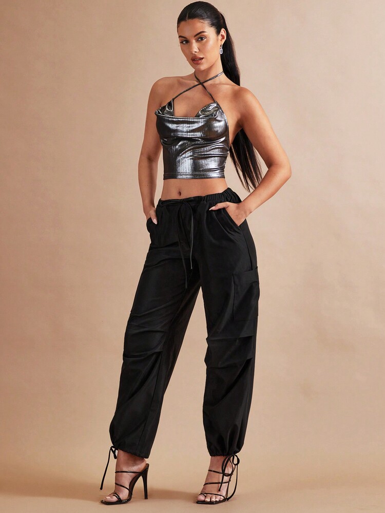 SHEIN BAE 腰部抽繩斜口袋長褲 - 黑色 - 查看 3