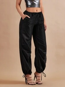 SHEIN BAE Drawstring Waist Slant Pocket Trousers - Black - View 4