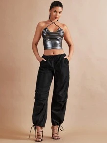 SHEIN BAE Drawstring Waist Slant Pocket Trousers - Black - View 5