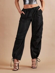 SHEIN BAE Drawstring Waist Slant Pocket Trousers - Black - View 6