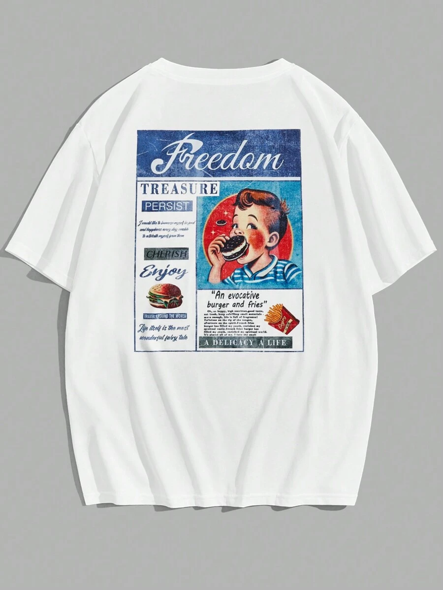 Manfinity VCAY Áo thun nam họa tiết khẩu hiệu và hình người rộng rãi - trắng - Xem 1