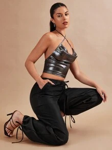 SHEIN BAE Drawstring Waist Slant Pocket Trousers - Black - View 7