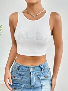 SHEIN EZwear Áo khoác và áo lót dành cho xe tăng nữ Pha lê kim cương Gân đan màu trơn Giải trí - trắng - Xem 3