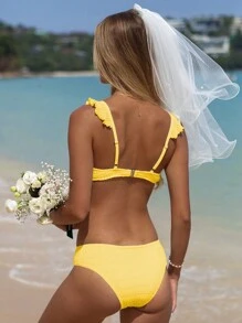 SHEIN Swim Summer Beach Ruffle Trim Underwire Bikini Set - Yellow - View 2