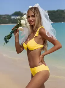 SHEIN Swim Summer Beach Ruffle Trim Underwire Bikini Set - Yellow - View 4