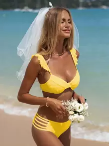 SHEIN Swim Summer Beach Ruffle Trim Underwire Bikini Set - Yellow - View 6