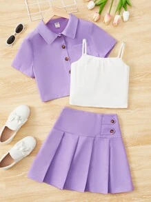 SHEIN Teen Girls Solid Cami Top & Pleated Skirt & Button Up Blouse - Multicolor - View 1