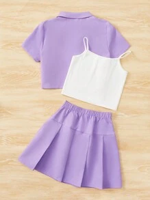 SHEIN Teen Girls Solid Cami Top & Pleated Skirt & Button Up Blouse - Multicolor - View 2