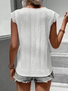 SHEIN LUNE Eyelet Embroidery Scallop Trim Contrast Lace Cap Sleeve Tee - White - View 2