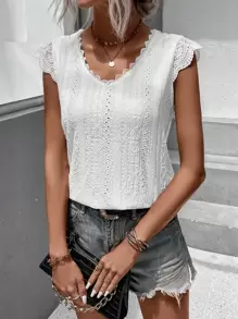 SHEIN LUNE Eyelet Embroidery Scallop Trim Contrast Lace Cap Sleeve Tee - White - View 3