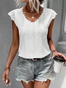 SHEIN LUNE Eyelet Embroidery Scallop Trim Contrast Lace Cap Sleeve Tee - White - View 5