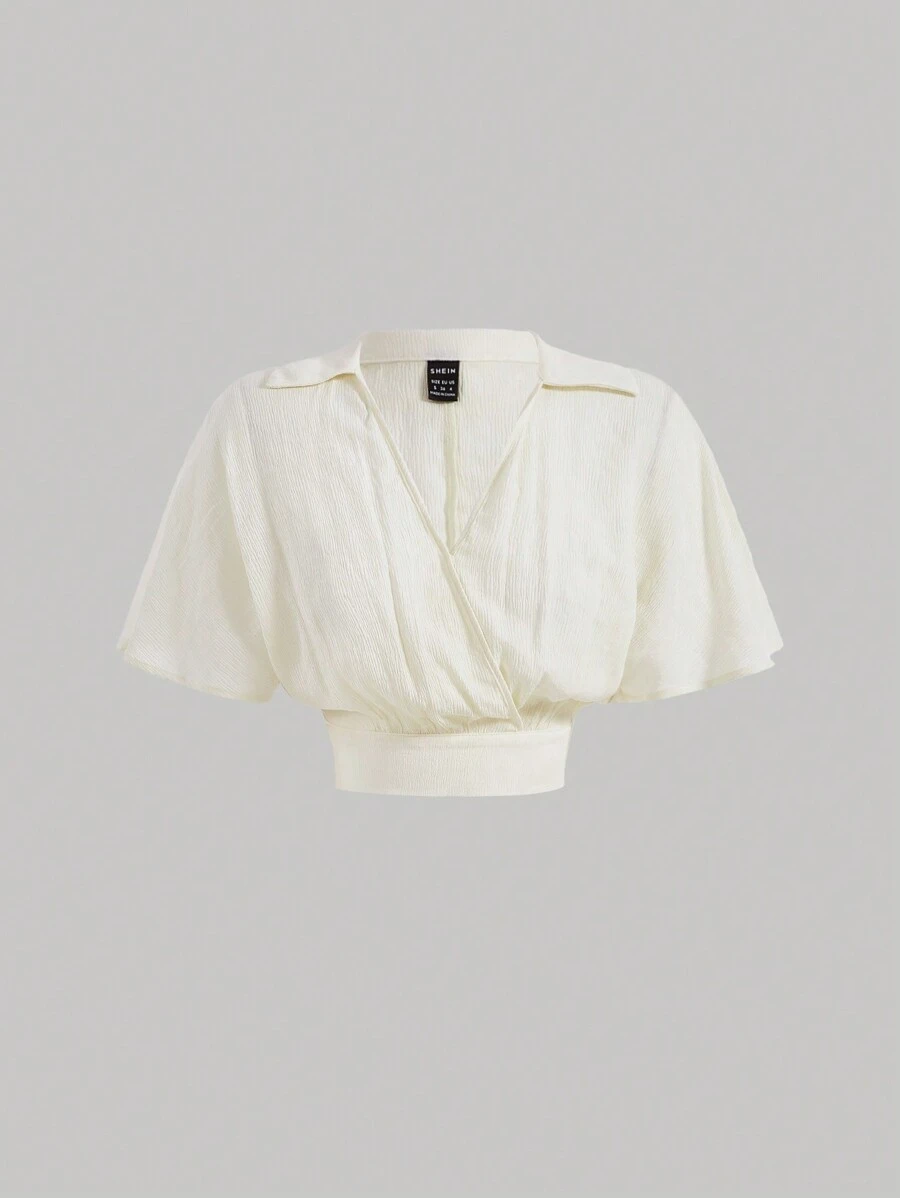 SHEIN MOD Chất rắn Surplice cổ Áo sơ mi Crop - Màu be - Xem 1