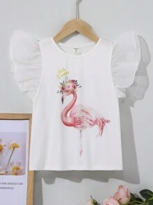 SHEIN Tops con gái Tương phản Mesh Xù Chim hồng hạc Dễ thương - trắng - Xem 1