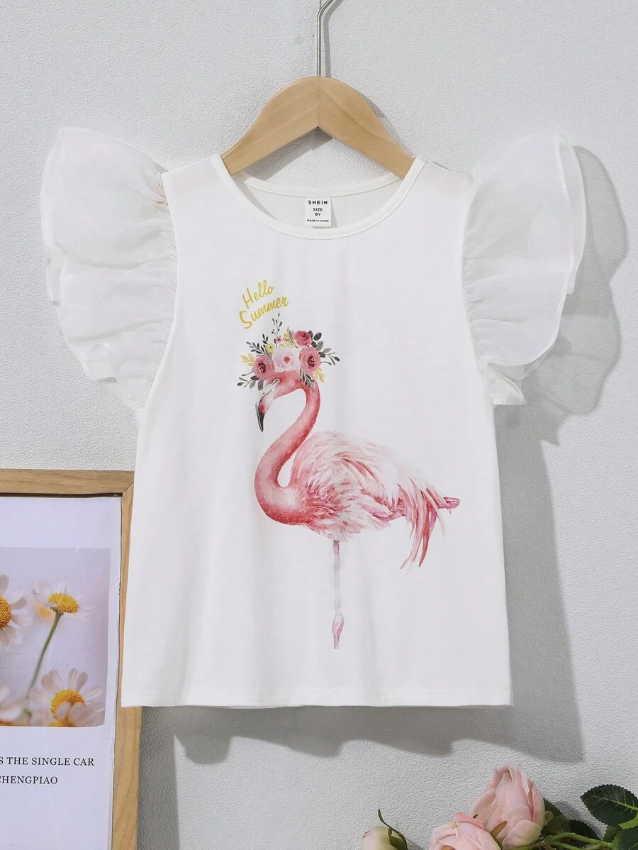 SHEIN Tops con gái Tương phản Mesh Xù Chim hồng hạc Dễ thương - trắng - Xem 1