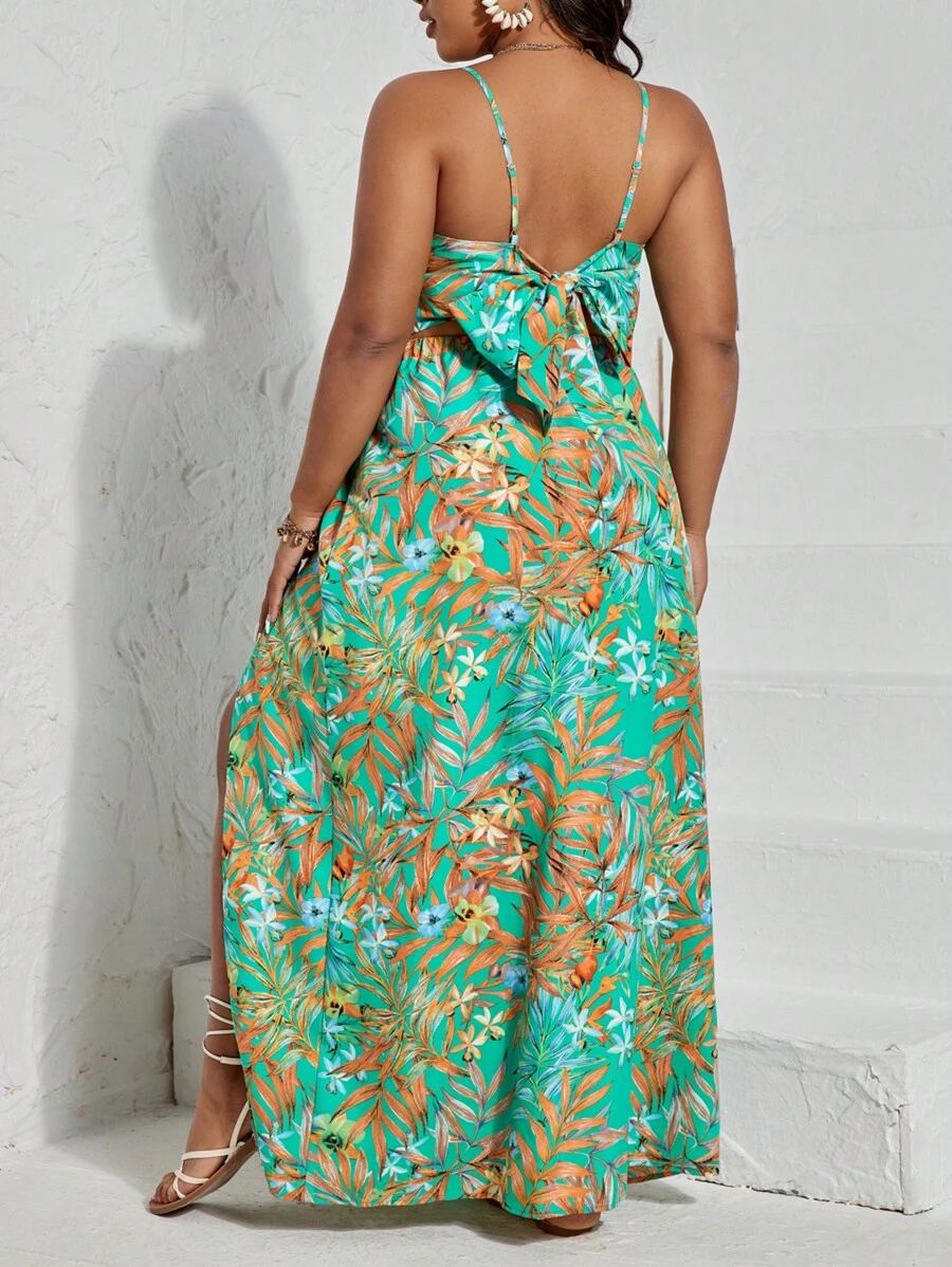 SHEIN VCAY 大碼熱帶圖案吊帶上衣和高衩半身裙 - 彩色 - 查看 1