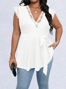SHEIN Franclia Áo thun Plus size Thắt lưng Tương phản ren Trọn gói màu trơn Giải trí - trắng - Xem 1