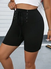 SHEIN Coolane Quần lót kích thước lớn Ren lên Thùa khuyết màu trơn Giải trí - màu đen - Xem 4