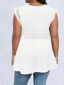 SHEIN Franclia Áo thun Plus size Thắt lưng Tương phản ren Trọn gói màu trơn Giải trí - trắng - Xem 2