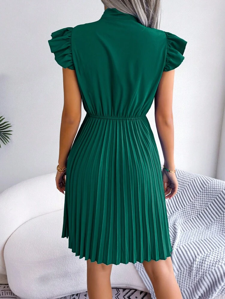 Tie Neck Ruffle Trim Pleated Hem Dress