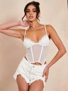 SHEIN BAE 蕾絲邊不對稱下擺吊帶上衣 - 白色 - 查看 4