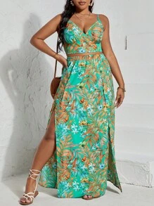 SHEIN VCAY 大碼熱帶圖案吊帶上衣和高衩半身裙 - 彩色 - 查看 2