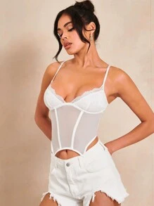 SHEIN BAE 蕾絲邊不對稱下擺吊帶上衣 - 白色 - 查看 7