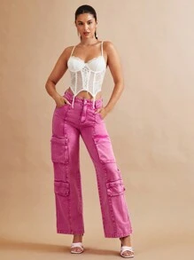 SHEIN BAE 翻蓋口袋工裝牛仔褲 - 粉色 - 查看 7