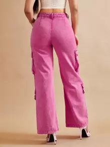 SHEIN BAE 翻蓋口袋工裝牛仔褲 - 粉色 - 查看 6